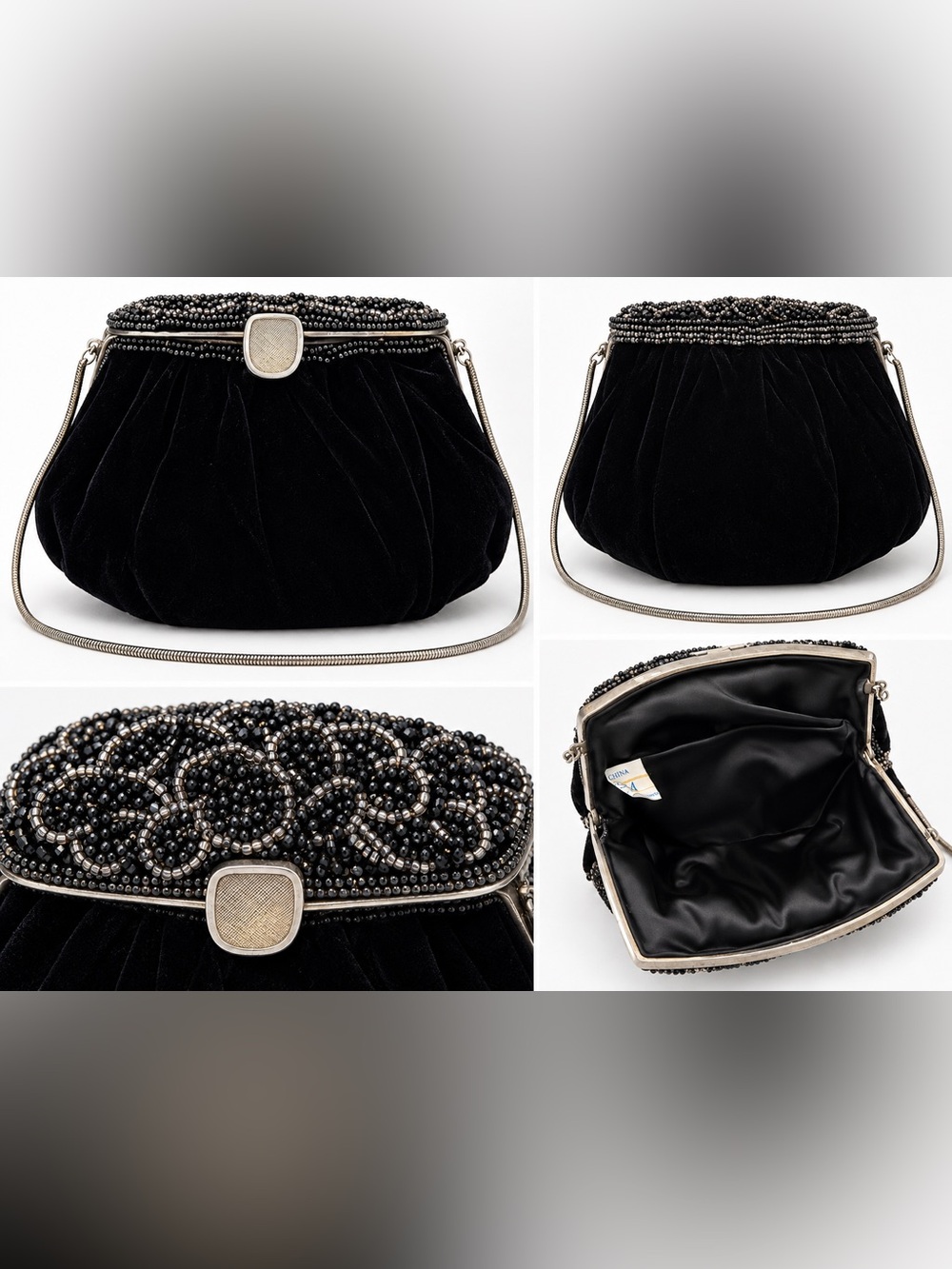 Black Beaded Velvet Evening Bag with Silver Trim vintage mini